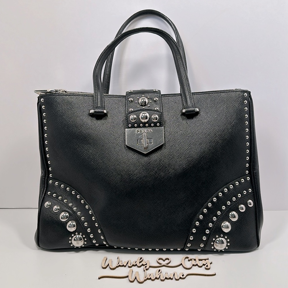 RARE Authentic PRADA Studded Saffiano Leather 2 Way Tote- Large